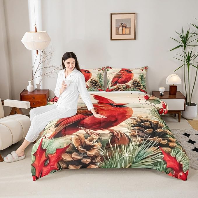 jejeloiu Kids Red Cardinal Comforter Set Twin Size Christmas Theme Bedding Set for Boys Girls Teens Xmas Birds Winter Rustic Wood Plank Animal Duvet Quilt Room Decor