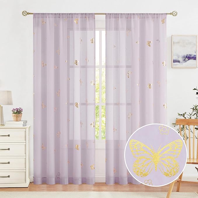 Jubilantex Butterfly Sheer Curtain Panels for Baby Girls Bedroom, Toddler Gold Print Linen Rod Pocket Voile Drapes 84 Inch for Kids Room Living Room, Lavender/Lilac Purple, 2 Panels