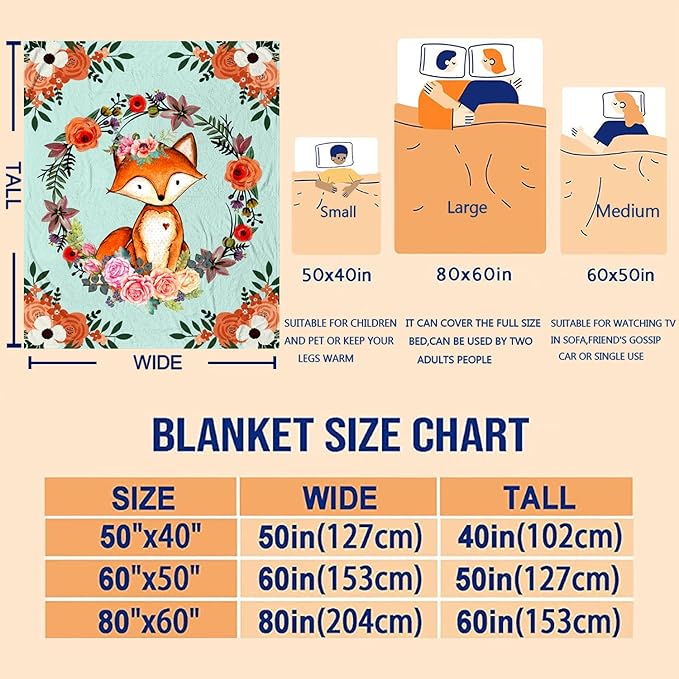 Fox Blanket Flower Fox Print Throw Blanket Ultra Soft Flannel Blankets Gifts for Kids Adults 60"x50"