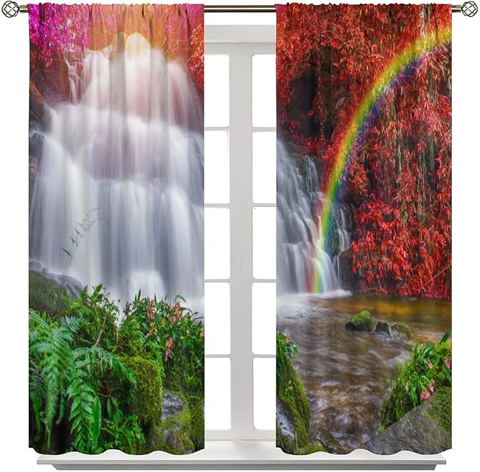 Waterfall Blackout Curtains, Nature Landscape Forest Mountain Waterfall Scenery Scene Print Pattern Window Drapes, for Bedroom Living Room 72" W X 63" L