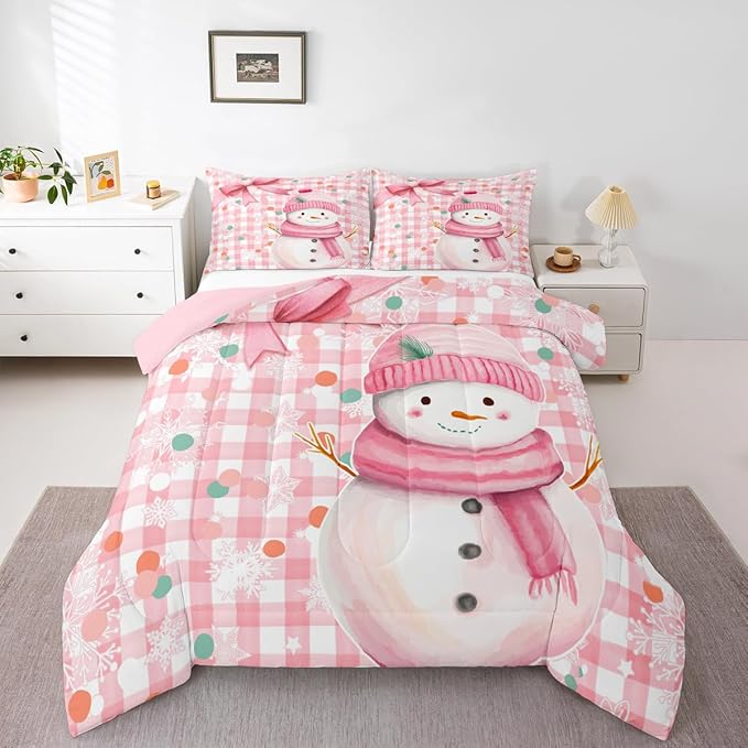 Castle Fairy Pink White Geometric Grid Dots Bed Comforter Set Queen Size,Pink Bow Girly Style Super Soft Microfiber Bedding Set for Adults Teens,Cute Cartoon Snowman Comforter Set,2 Pillowcases
