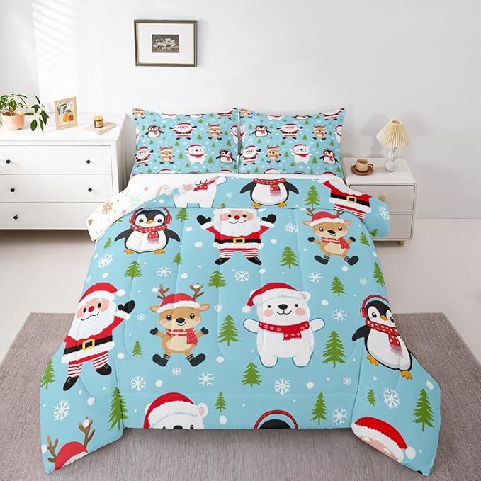 Feelyou Christmas Comforter Set Twin Size Santa Claus Bedding Set for Kids Boys Girls Penguin Deer Duvet Quilt Xmas Snowflake Tree Bedroom Decor Microfiber 2 Pcs with 1 Pillow Cases