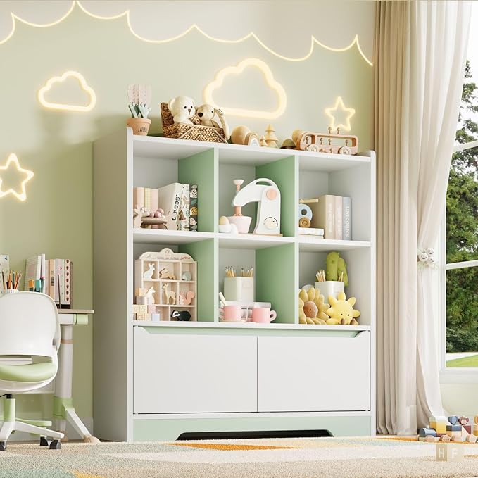 Kids Bookshelf,2 Tier Kids Book Shelf for Kid Rooms with 2 Doors,6 Cubes Storage Organizer,Wood Children Bookcase,Toy Storage Organizer,Freestanding Book Display Shelf for Playroom WhiteGreen
