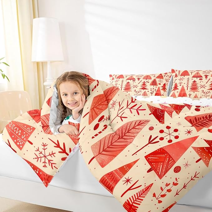Feelyou Christmas Bedding Set Soft for Boys Girls, Xmas Tree Comforter Set Toddler Size Snowflake Candy Duvet Quilt Microfiber Pine Tree Bedroom Decor 2 Pcs with 1 Pillow Cases