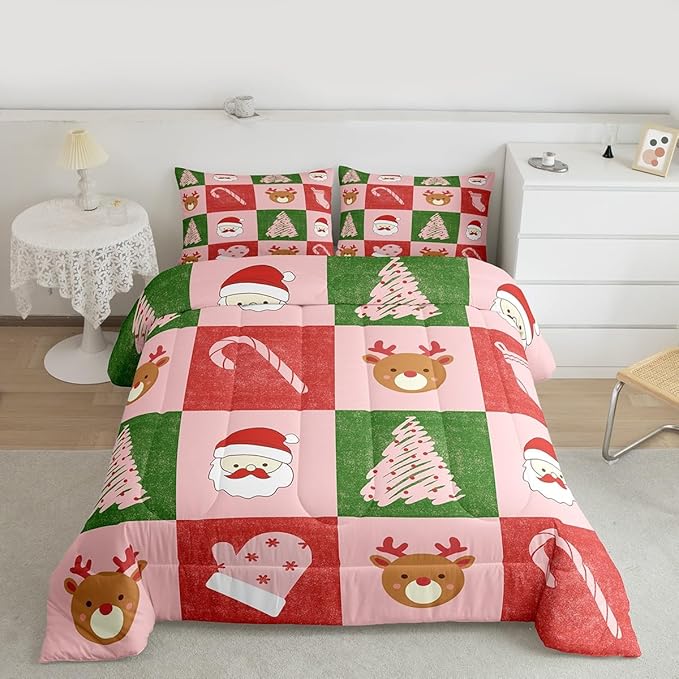 Feelyou Merry Christmas Bedding Set Soft for Boys Girls, Xmas Tree Santa Claus Comforter Set Twin Size Candy Cane Deer Duvet Quilt Microfiber Patchwork Bedroom Decor 2 Pcs with 1 Pillow Cases