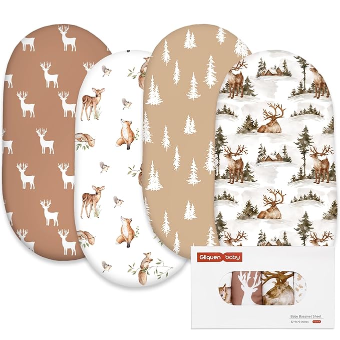 Gllquen Baby Bassinet Sheets 4 Pack, Breathable Cozy Fitted Mattress Sheet, Elastic Travel Crib Fashionable Floral Pattern, Standard Cradle Safe Sheets for Baby Boys Girls 32"x16" (Christmas elk)