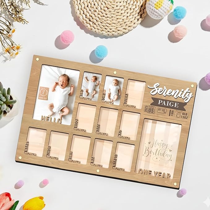 First Year Photo Board – 12 Months Baby Picture Frame, My First Year Wooden Photo Display, Holds Two 4x6 Photos and Twelve 2x3 Pictures, Nursery Wall Frame Décor