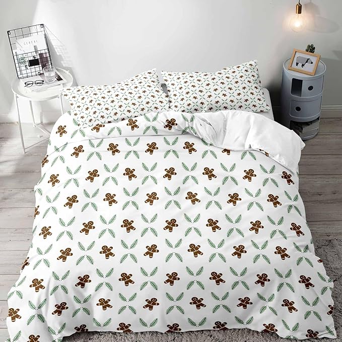 LUVIVIHOME 3PCS Gingerbread Man Duvet Cover King Bedding Set, White Duvet Cover, Teens Boys Girls Kids Bedding, Green Plant Pine Picks Leaves Winter Holiday Christmas Comforter Cover, 2 Pillow Shams