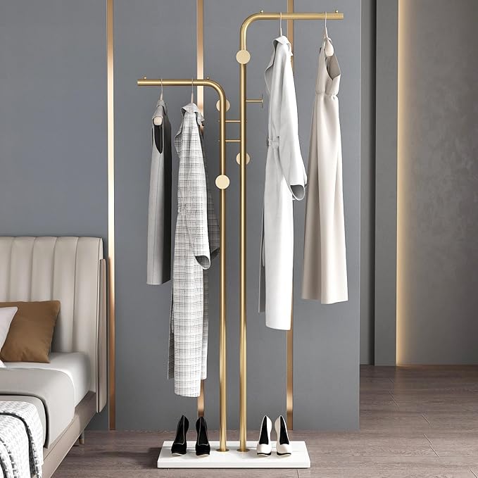 DR.IRON Double-pole Coat Racks Freestanding, Metal Gold Clothing Rack with 5 Hooks and Marble Base, Modern Coat Hanger Stand for Entryway, Living Room, Bedroom Gold