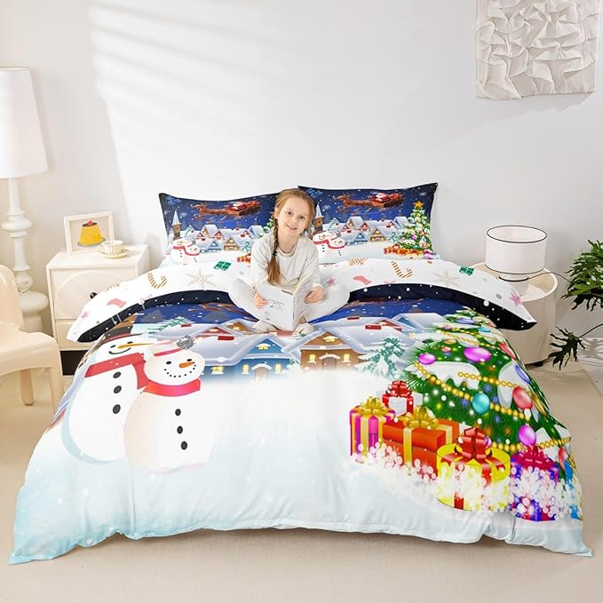 Manfei Christmas Duvet Cover Set Twin Size, Snowman Xmas Tree Santa Claus Bedding Set 2pcs, Reversible Winter Snow Cabin Holiday New Year Quilt Cover with Zipper Closure, 1 Pillowcase, No Comforter