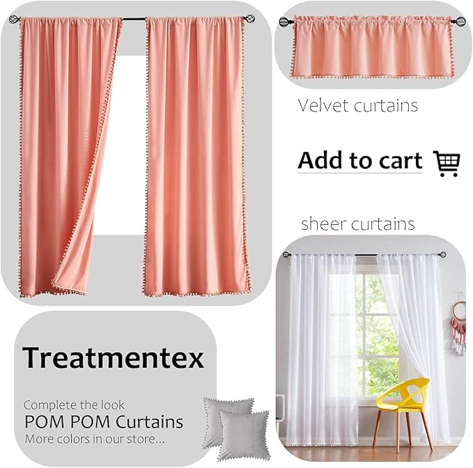 Treatmentex Snow White Sheer Curtains 95" Bedroom Decorative Pompom Trimmed Voile Window Curtain for Living Room Linen Look 2 Panels
