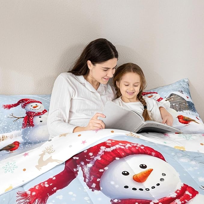Feelyou Merry Christmas Comforter Set All Season Cute Snowman Bedding Set with 2 Pillow Cases Snowflake Microfiber Kids King Bedclothes Winter Bedroom Decor Duvet Quilt Breathable Soft Lightweight
