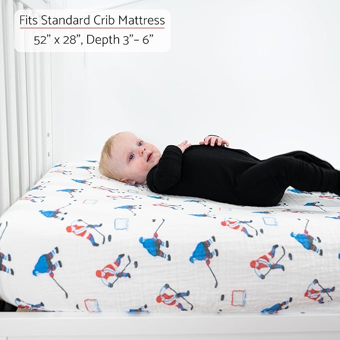 LollyBanks Muslin Crib Sheet for Boys 1 Pack, 100% Cotton Soft and Breathable Crib Fitted Sheet for Standard 52"x28" Mattress, Cozy and Snug Baby Bed Sheets, Baby Essentials (Ice Hockey Print)