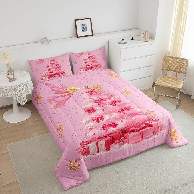 Erosebridal Xmas Tree King Bedding Sets Merry Christmas Comforter Sets for Kids Boys Girls Teens Snowflake Decorations Down Comforter Princess Bow Pink Decor Duvet Insert
