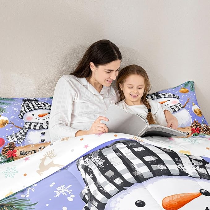 Feelyou Merry Christmas Comforter Set All Season Cute Snowman Bedding Set with 2 Pillow Cases Snowflake Microfiber Kids Queen Bedclothes Winter Bedroom Decor Duvet Quilt Breathable Soft Lightweight