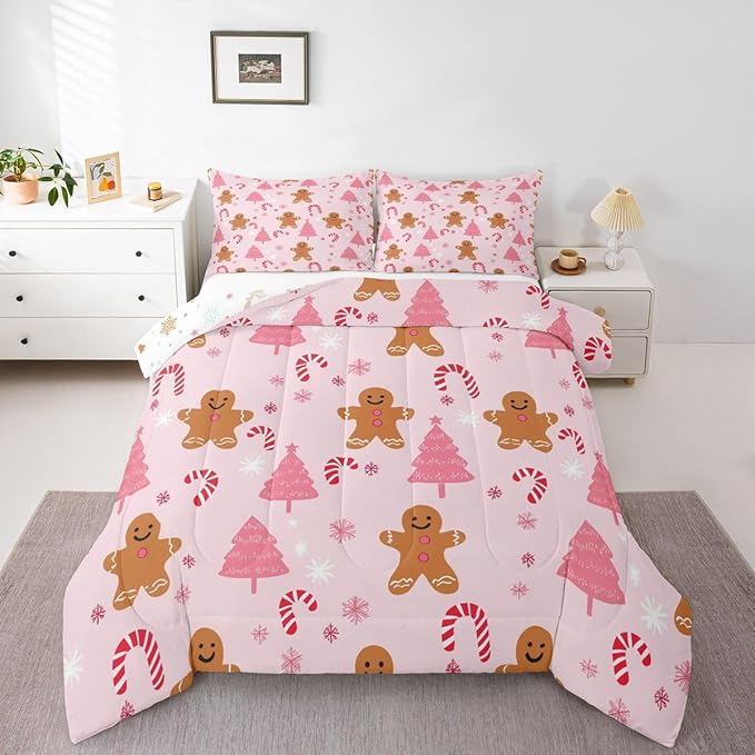 Feelyou Cute Gingerbread Man Comforter Set All Season Pink Christmas Tree Bedding Set with 2 Pillow Cases Candy Cane Kids King Snowflake Room Decor Christmas Duvet Quilt Breathable Soft Lightweight
