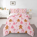 Feelyou Cute Gingerbread Man Comforter Set Pink Christmas Tree Bedding Set with 1 Pillow Cases Candy Cane Kids Toddler Snowflake Room Decor Christmas Duvet Quilt Breathable Soft Lightweight