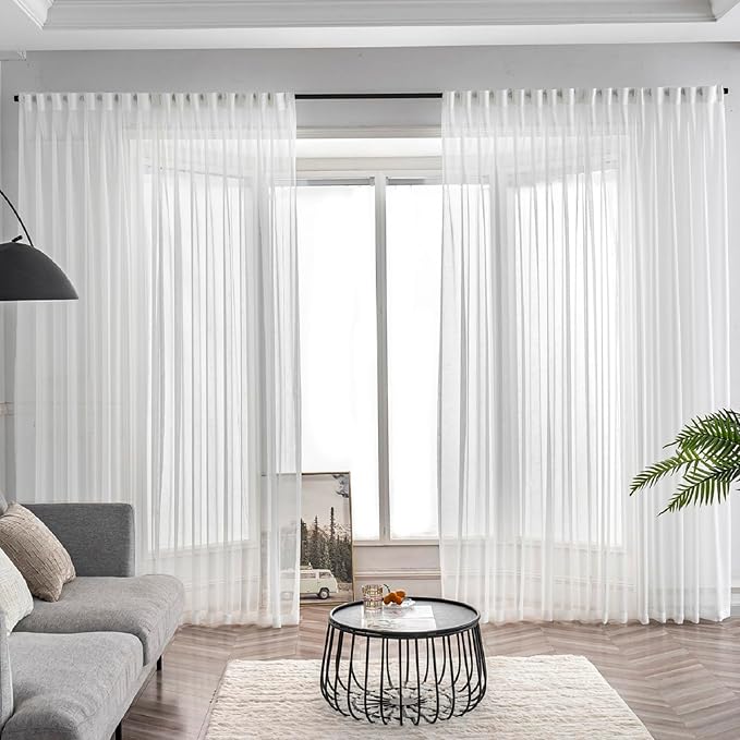 Off White Pinch Pleated Sheer Curtains 84 Inches Long 2 Panels, Thin Textured Linen Look Living Room Drapes Window Decor, Ivory Sliding Glass Door Curtain with Rings & Hooks & Back Tab