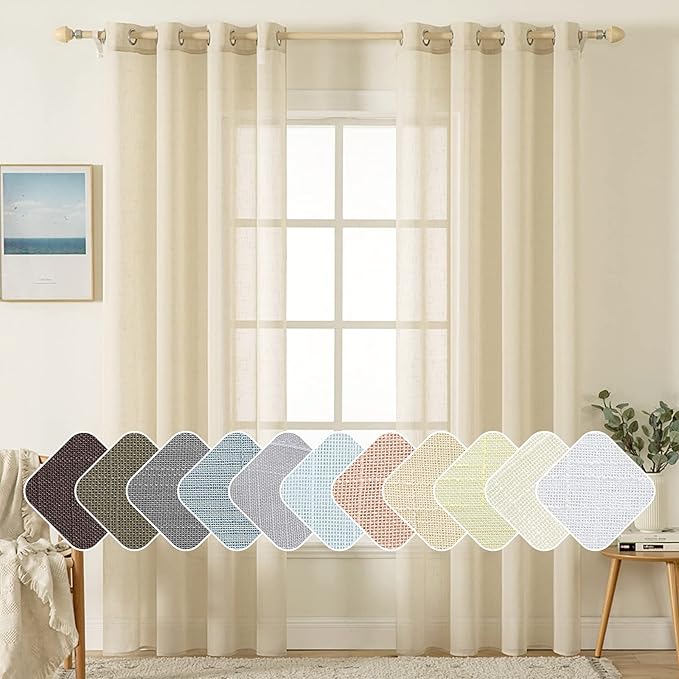 MIULEE 2-Panel 96 Inch Natural Light Beige Linen Semi-Sheer Window Curtains - Elegant Solid Drapes with Grommet Top for Bedroom & Living Room (52" W x 96" L)