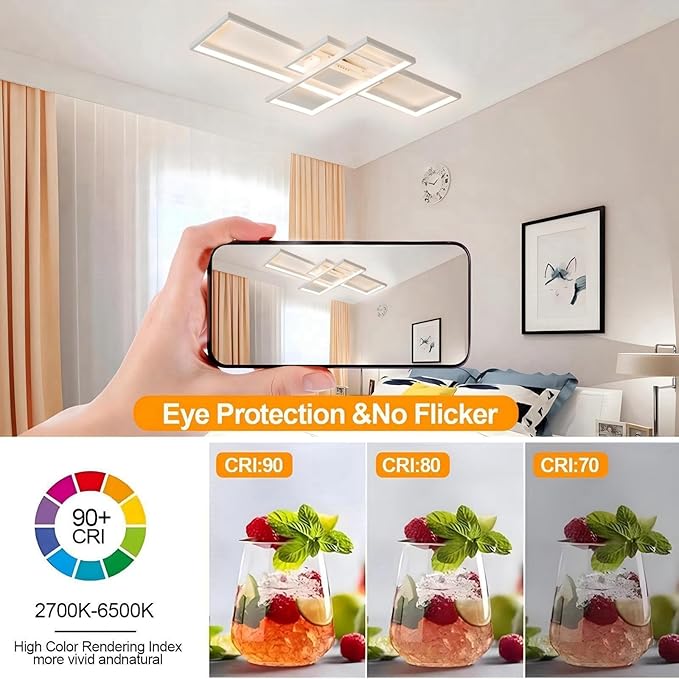 Modern Dimmable LED Ceiling Light Fixture,with Remote Control 3 Color Selectable Flush Mount Ceiling Lamp Ceiling Lights for Sitting Room Kitchen Bedroom(White, 43.3 * 23.6 * 2.5 in)