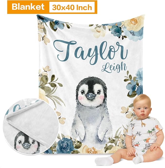 Custom Crib Bedding Set - Penguin Design Personalized Name Baby Nursery Bedding 3 Pcs Set - Chic Soft Blanket, Sheet, Pillowcase for Newborns Boys Girls Gifts Color16