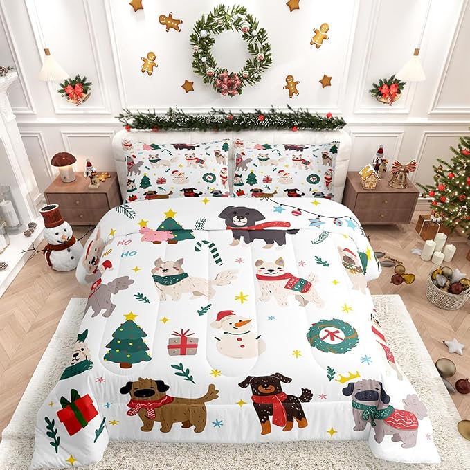 Erosebridal Merry Christmas Quilt King Size Cartoon Dog Comforter Set for Teens Kids Boys Xmas Tree Snowman Bedding Set Cute Pug Puppy Animal Duvet Insert with 2 Pillow Cases