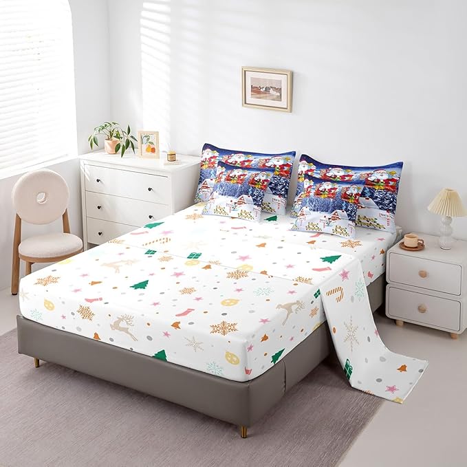 Feelyou Kids Christmas Bed in a Bag Xmas Santa Claus King Size Bed Set for Boys Girls Merry Christmas Warmth Comforter Set with Sheets Galaxy Blue Decor Bedding Set Bedroom Collection Boys