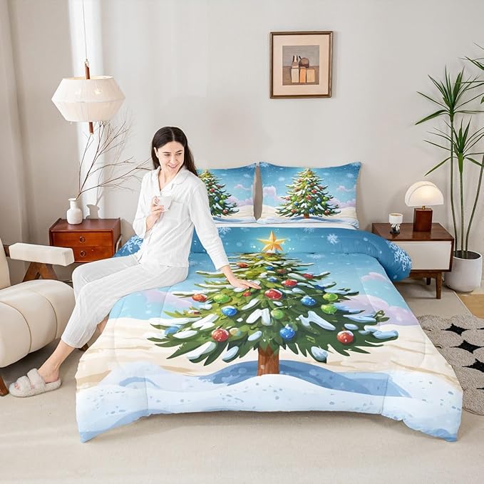 Feelyou Christmas Bedding Set Soft for Boys Girls, Xmas Tree Comforter Set Queen Size Christmas Tree Ornaments Duvet Quilt Microfiber Winter Snowflake Bedroom Decor 3 Pcs with 2 Pillow Cases