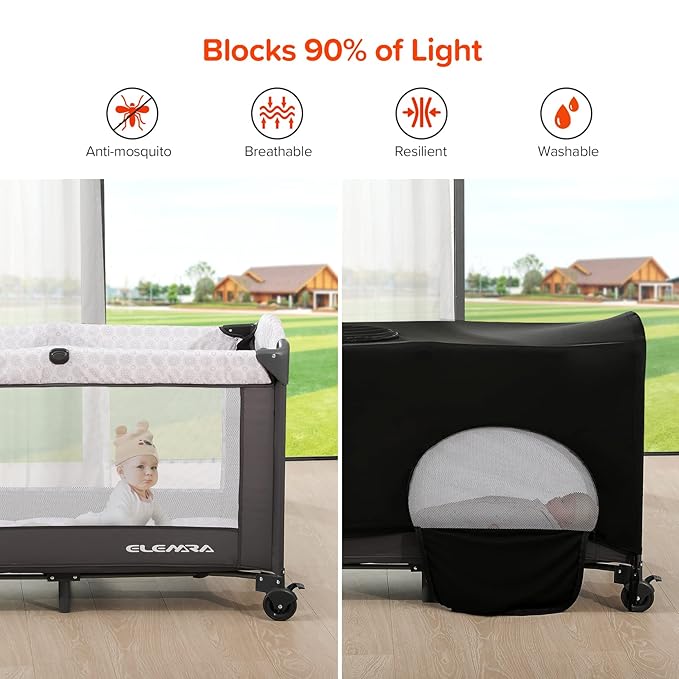 ELEMARA 50" Babies Bassinet Bedside Crib with Diaper Changer，Pack and Play with Mattress and Blackout Cover for Baby，4 in 1 Playpen Travel Bed with Storage,Playard with Adjustable Height
