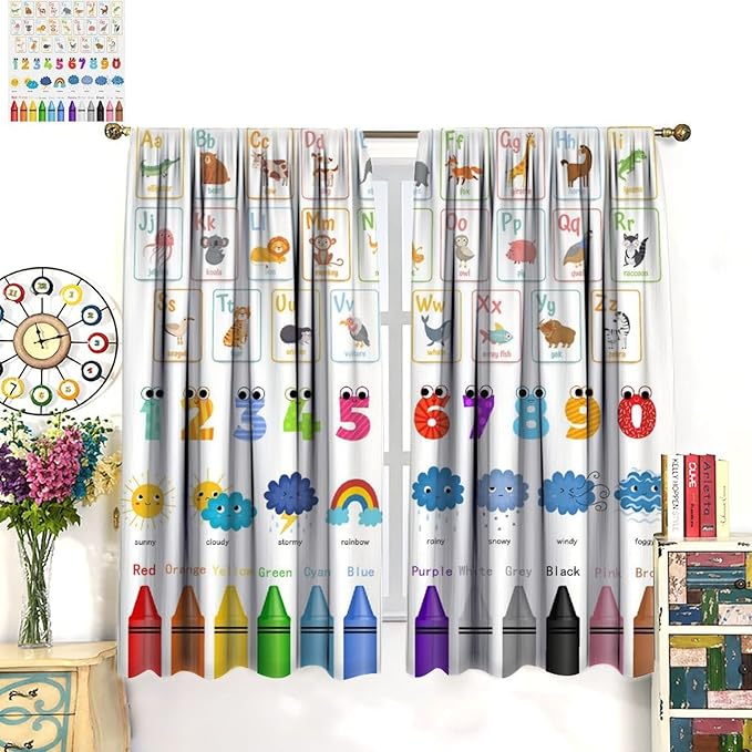 Kids Alphabet Curtains Cartoon Animal Funny Learning Colorful Educational Nursery Curtain with Rod Pocket for Bedroom Classroom Decor Drapes Window Treatments 2 Panels Set 63" W X 63" L