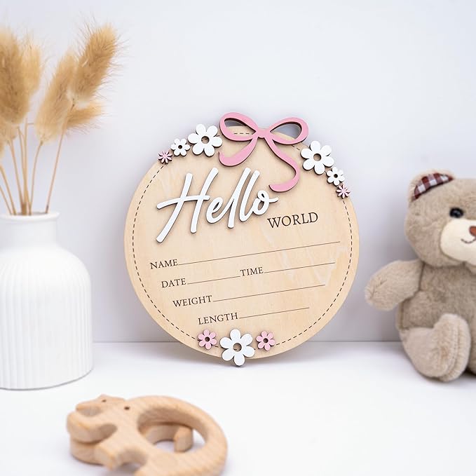 Wooden Baby Announcement Sign 6 Inch Round Birth Stat Plaque with Floral and Bow Design (Hello World)