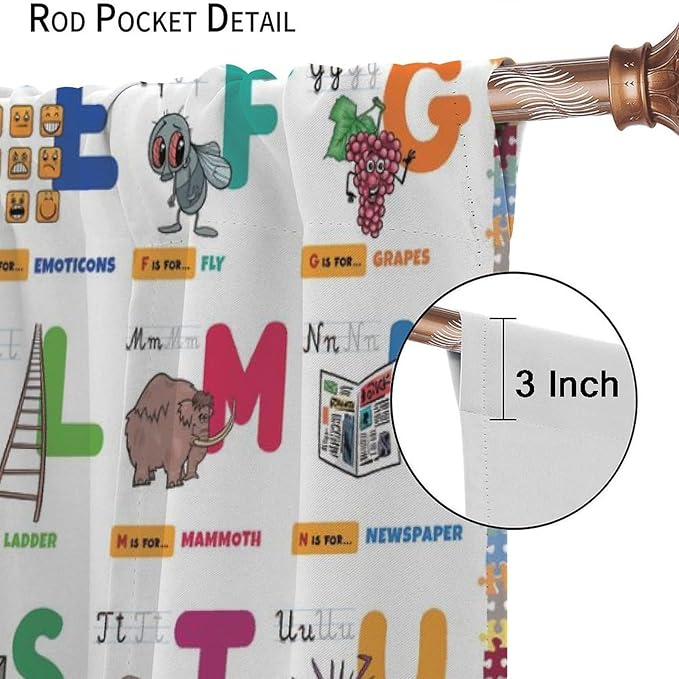 Alphabet Curtain for Kids Room ABC Letter Educational Learning Animal Number Printed Rod Pocket Blackout Window Drapes for Bedroom Playroom Classroom 72" W X 63" L