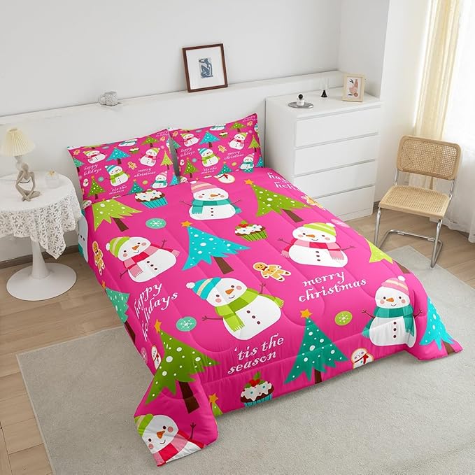 Erosebridal Christmas Kids Comforter Set Cartoon Snowman Quilts for Boys Girls Adults Xmas Tree Bedding Set Cartoon Snowflake Bedroom Decor Duvet Insert Toddler Size