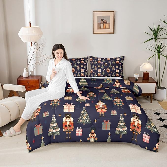 jejeloiu Xmas Nutcracker Comforter Set Toddler Size Christmas Dark Blue Bedding Set for Kids Boys Girls Cute Snowflakes Duvet Quilt Bedroom Decor