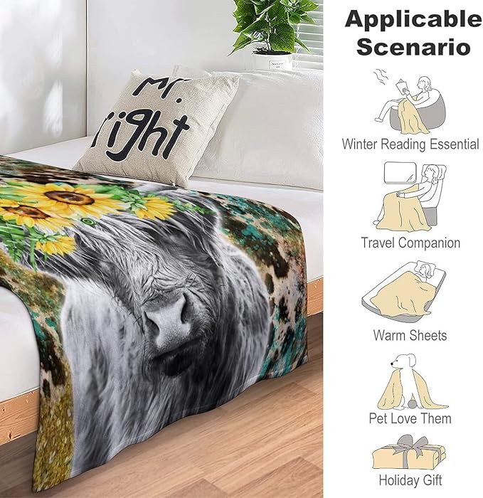 Highland Cow Blanket, Cute Cow Throw Blanket Gift for Women Girls Highland Cow Lovers, 50x40 Inches Soft Fuzzy Flannel Leopard Print Blankets for Crib Couch Sofa Travel