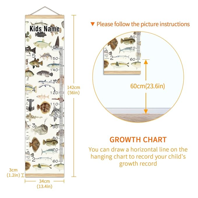 Personalized Kids Name Growth Chart Ruler for Wall Wood Frame Height Measure Chart 13.4x56 in Linen Hanging Height Growth Chart Colored Fish Drawing Kids Room Decor