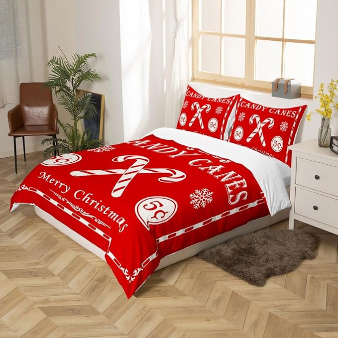 jejeloiu Christmas Bedding Set for Kids Boys Girls Christmas Quote Comforter Cover Set Twin Size Candy Canes Print Duvet Cover Bedroom Decor Xmas Red Bedspread Cover Bedding Collection 2Pcs