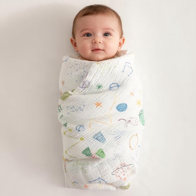 NTBAY 4 Layer Muslin Cotton Toddler Blanket, 30x40 Soft and Breathable Receiving for Newborns and Infants, Perfect for Crib, Stroller, Travel, Lightweight Nursery Blanket, Space Explorer