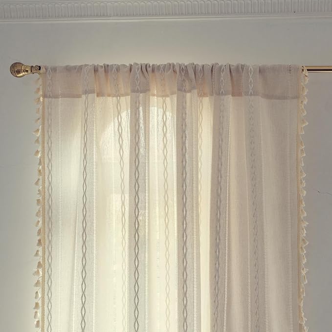 Deeprove Ivory Boho Curtain 96 Inches Long for Bedroom Living Room Decor, Bohemian Hollow Chic Style Tassels, Vintage Farmhouse Country French Window Treatment Drape, Rod Pocket, 1 Panel W52x L96