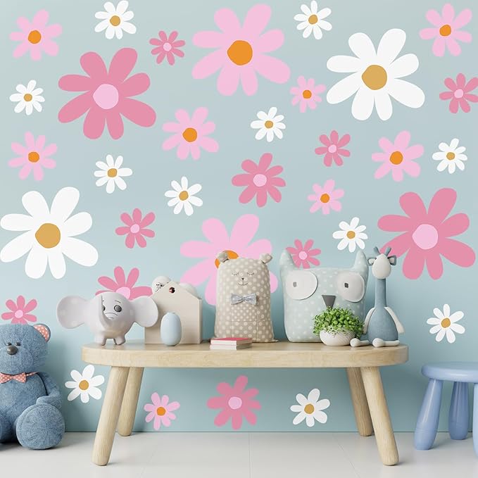 TaoBary 12 Sheets Daisy Wall Decal Flower Wall Sticker Cute Daisy Sticker Pink White Flower Decal Peel and Stick Floral Wallpaper for Nursery Bedroom Home Decor(Pink Color,Vibrant Style)