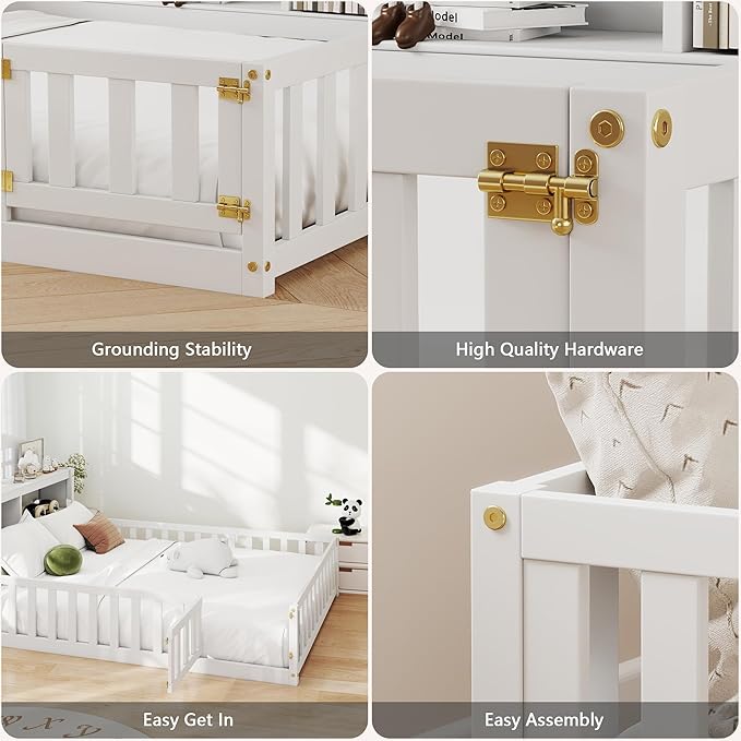 mikibama Full Floor Bed for Kids, Wooden Montessori Bed Frame with Headboard Bookcase, Storage Shelves & Safety Fence Rails, Kids Floor Bed Frame with Door for Girls, Boys, White