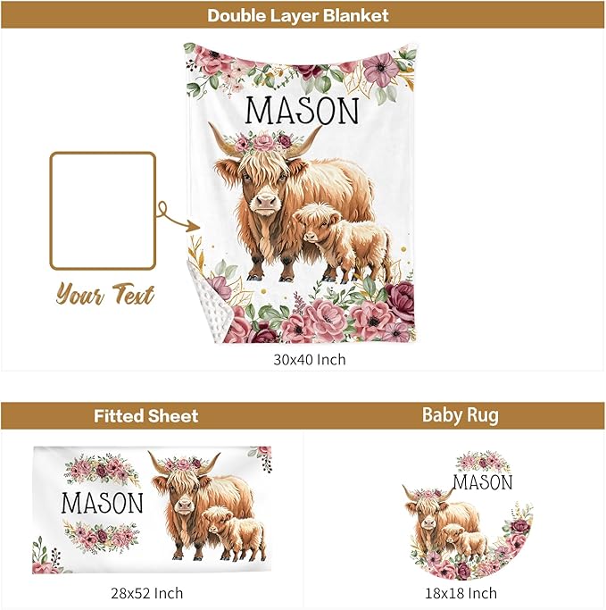 Custom Baby Crib Bedding Set, 3 Pcs Personalized Nursery Bedding Set with Name, Soft Baby Bedding Crib Sets with Blanket - Toddler Crib Sets for Girl Boy, Infant Newborn Gifts, Red Highland Cow