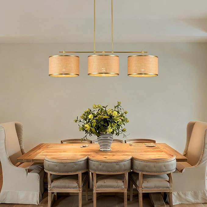 41" Dining Room Light Fixtures Over Table with 3-Light Island Lights for Kitchen,Boho Large Linear Chandelier,Gold Drum Woven Rattan Chandelier（Height Adjustable）