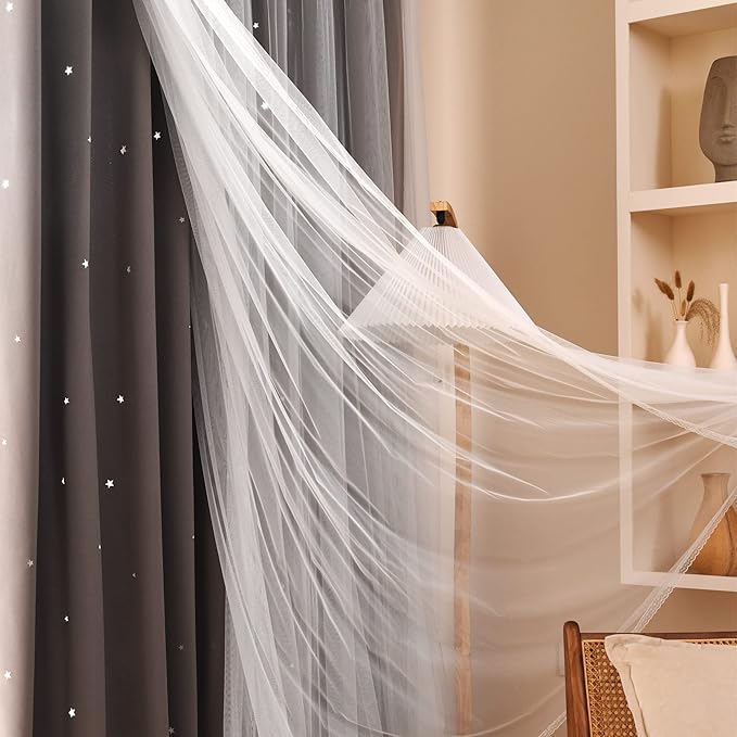 Kinryb Kids Blackout Curtains for Bedroom/Living Room/Classroom, Sheer Overlay 2 Free Tiebacks, Double Layer Curtains with Star Cutout for Kids Room(Each Piece W 70 x L 95 Inches 2 Pcs Chocolate)