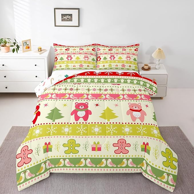 Erosebridal Merry Christmas Comforter Set Kids Full Size Xmas Tree Decor Quilts Snowflake Bedding Set Cute Colourful Bear Duvet Insert with 2 Pillow Cases