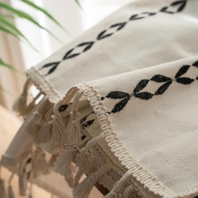 Deeprove Black and White Boho Curtains 84 inches Length for Living Room Bedroom Nursery, Vintage Chic Bohemian 84 inches Long Stripe Embroidery Farmhouse Tassel Privacy Window Decor W52 x L84, 1 Panel