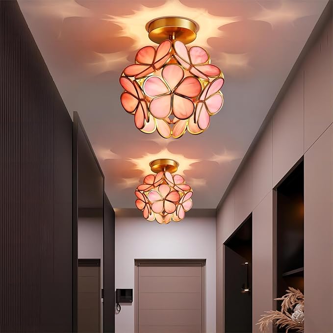 7.9 Inch Petal Ceiling Light, Tiffany Style Metal and Glass Close to Ceiling Light Fixture with E27 Base for Hallway, Entryway, Bedroom - Pink