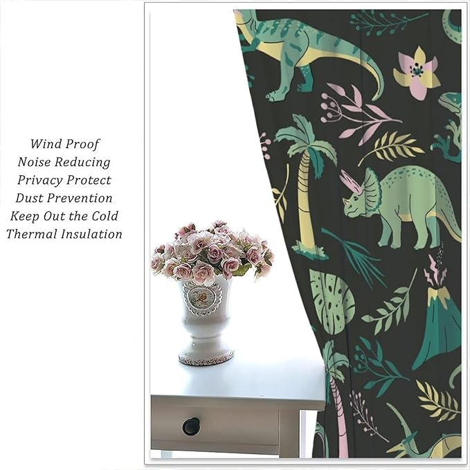 Dinosaurs Blackout Curtains Cartoon Cute Funny Dino Tropical Jungle Green Art Print for Kids Boys Bedroom Living Room Rod Pocket Decoration Window Drapes 2 Panels W27.5xL63in