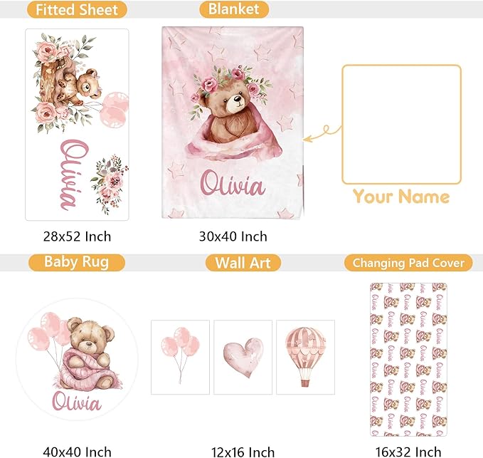 Custom Baby Crib Bedding Set, 5 Pcs Personalized Name Baby Crib Sets for Infant Toddler, Pink Bear Nursery Bedding Set for Girls Boys, Double Layer Flannel Baby Bedding Sets Customized Gifts