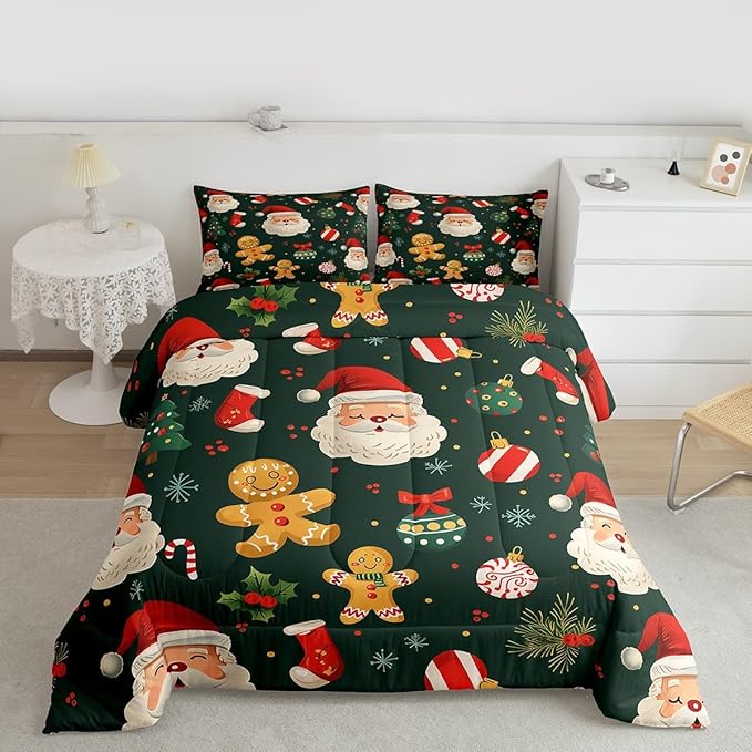 Feelyou Christmas Bedding Set Soft for Boys Girls, Santa Xmas Tree Comforter Set Queen Size Gingerbread Man Duvet Quilt Microfiber Snowflake Stockings Bedroom Decor 3 Pcs with 2 Pillow Cases
